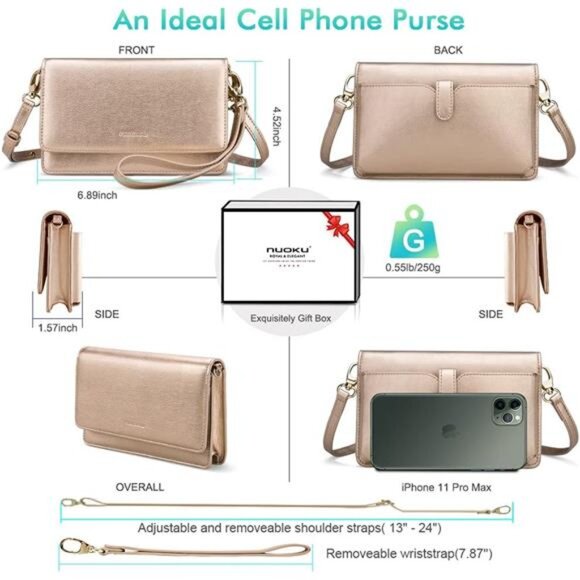 Women Small Crossbody Bag Cellphone Purse Wallet with RFID Card Slots 2 Straps - Picture 4 of 7
